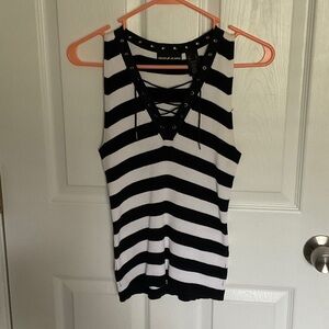 DKNY Black and White Striped Tank with Lace-Up Front